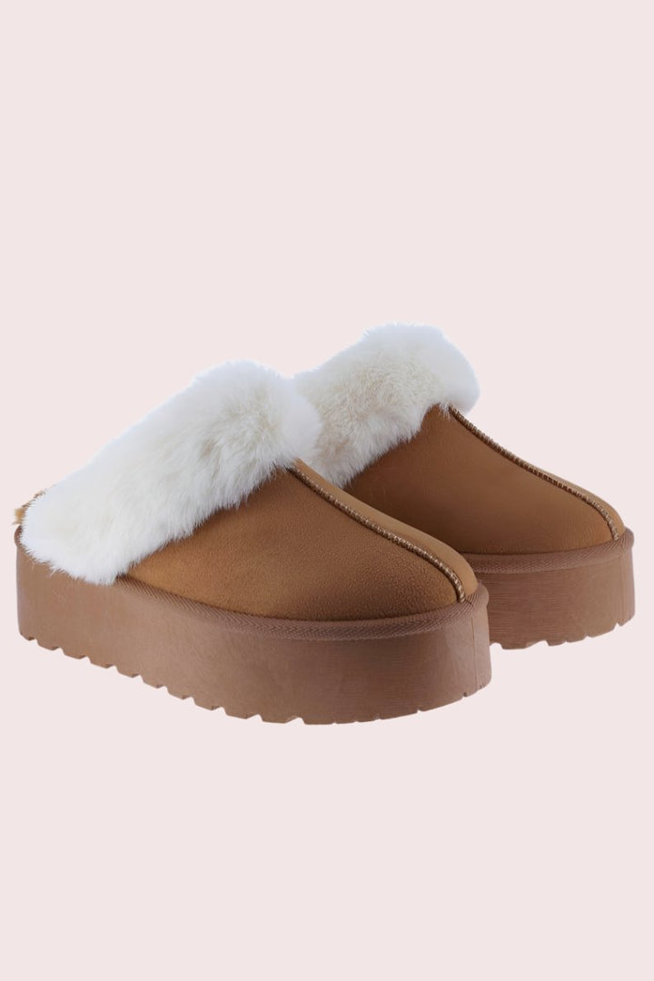 Thick Bottom Fur Trim Snow Slippers In Tan