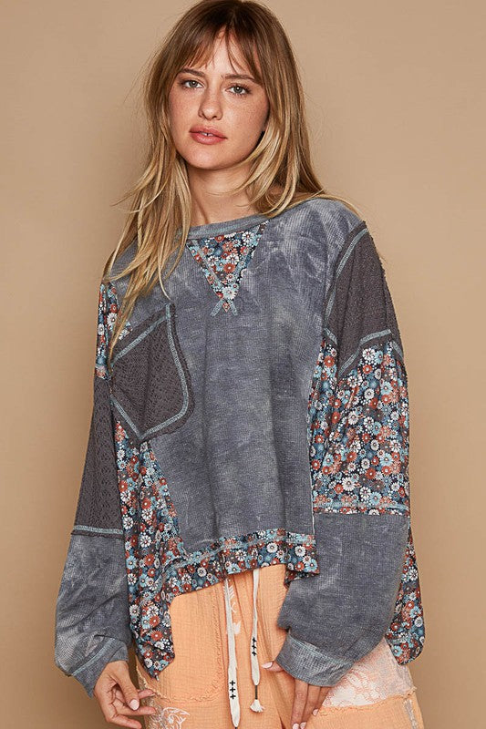 POL Floral Patchwork Knit Top In Gray