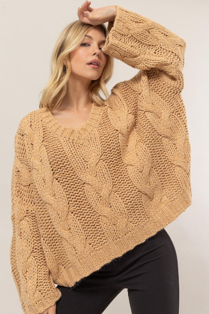 HYFVE Cable Knit V-Neck Sweater In Taupe