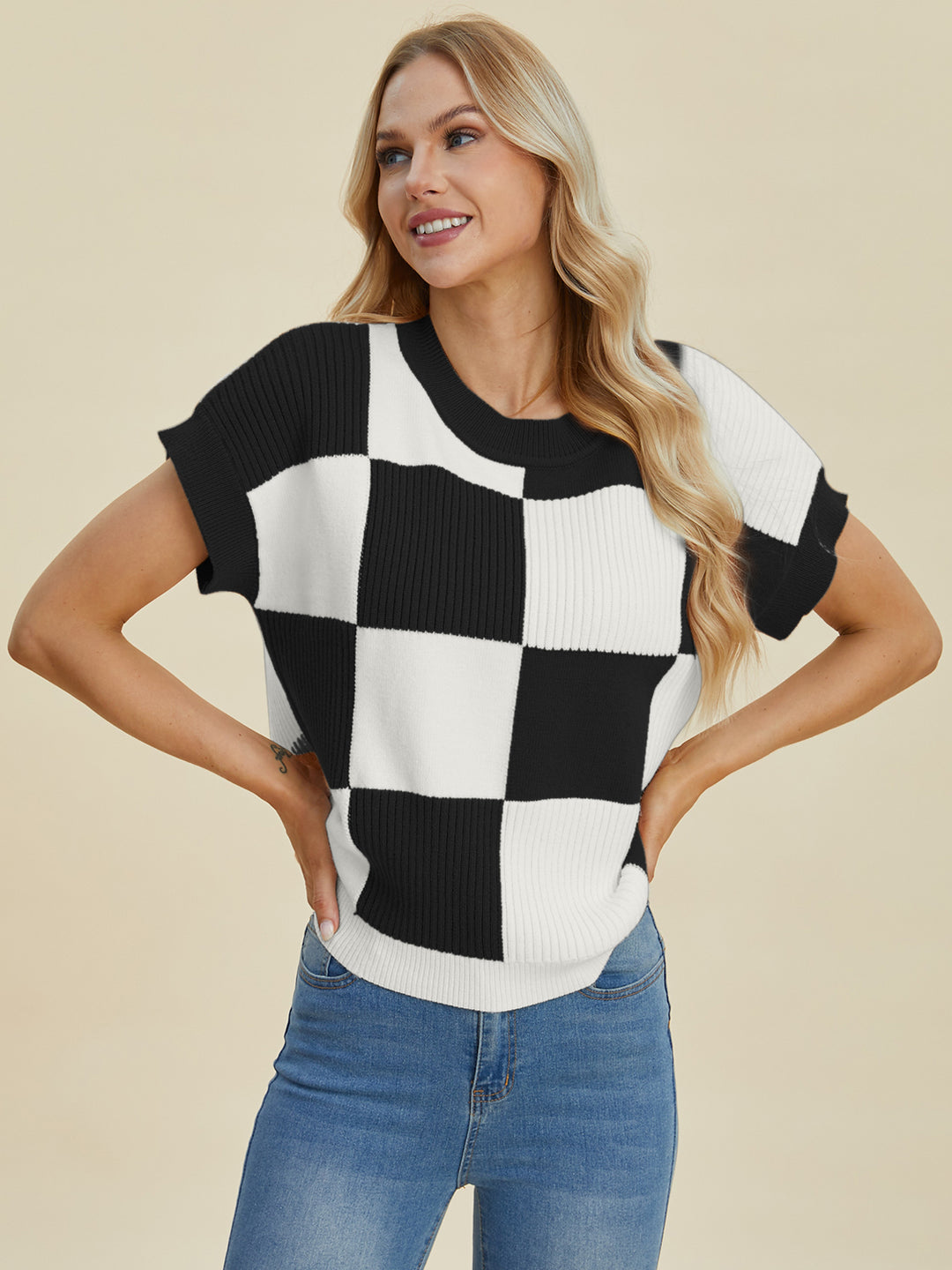 Double Take Checkered Short Sleeve Sweater