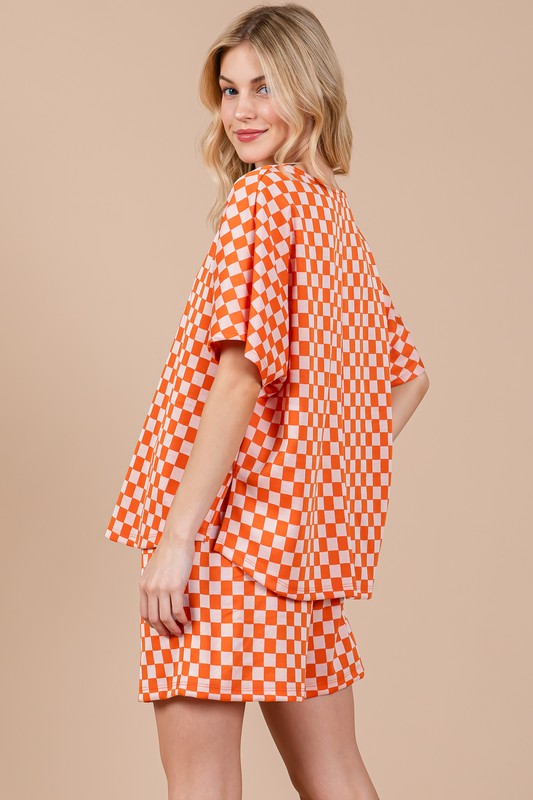 Ces Femme Checkered Top and Shorts Set In Orange