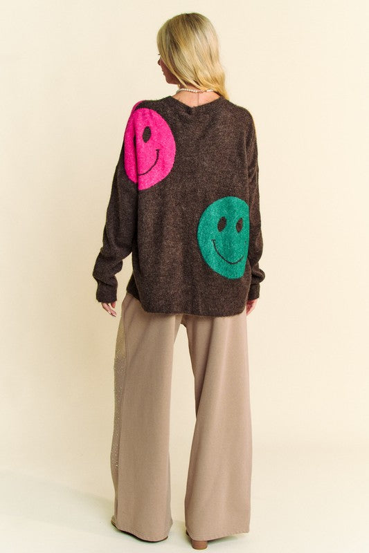 Davi & Dani Smile Round Neck Oversize Sweater In Brown