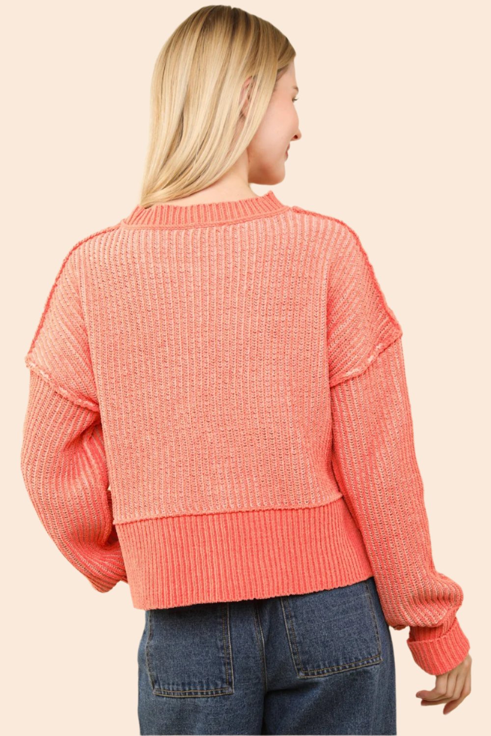 VERY J Exposed Seam Cropped Striped Slit Sweater In Coral