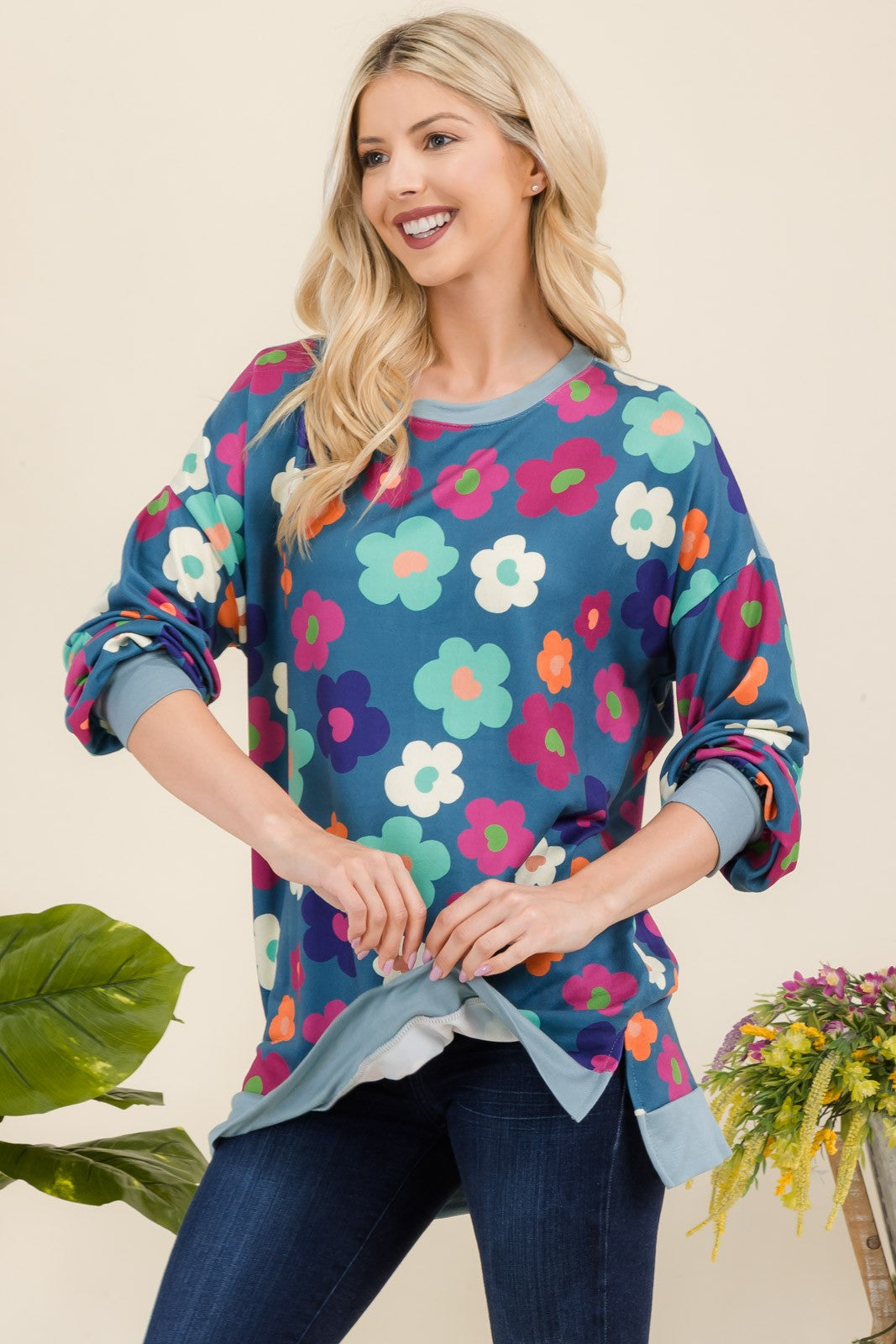 Celeste Side Slit Flower Print Top In Teal