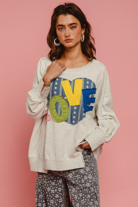 BiBi LOVE Heart Patch Slit French Terry Sweatshirt In Light Gray