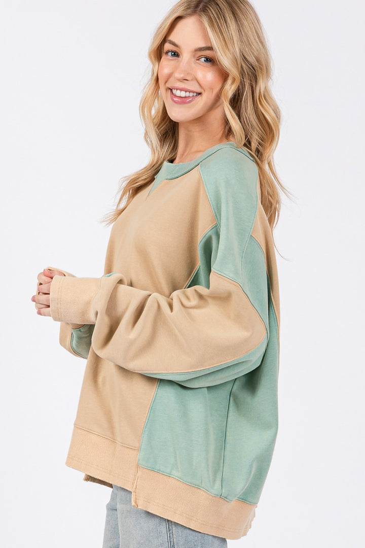 SAGE + FIG Color Block Round Neck Sweatshirt In Cookie