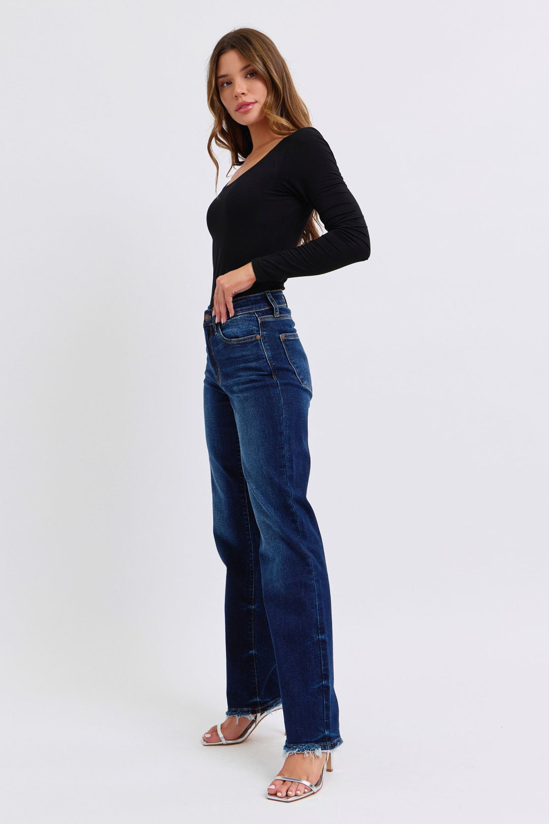 Judy Blue Jacqueline Mid Rise Frayed Hem Straight Leg Jean