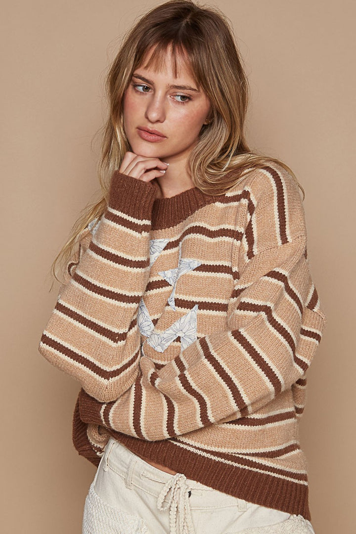 POL Star Patch Stripe Round Neck Sweater In Brown