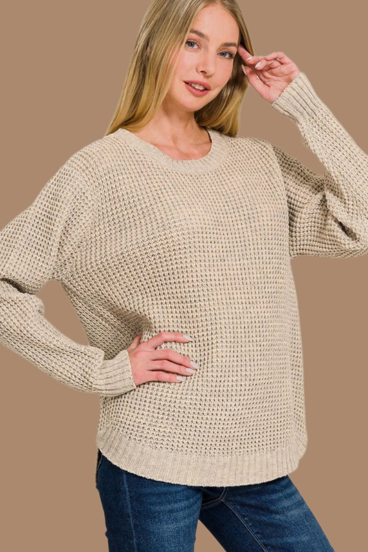 Zenana High Low Waffle Sweater In H Beige