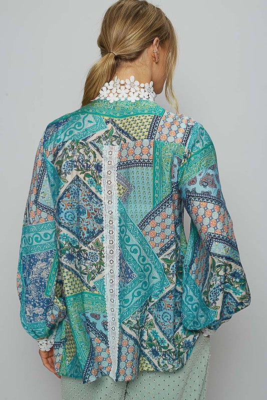 POL Lace Detail Printed Button Down Blouse In Teal