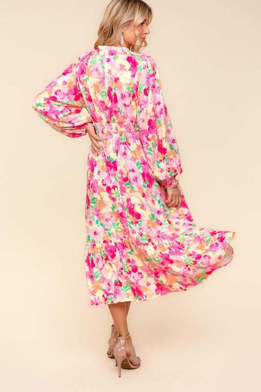 Haptics Floral Surplice Balloon Sleeve Dress with Side Pockets In Multi