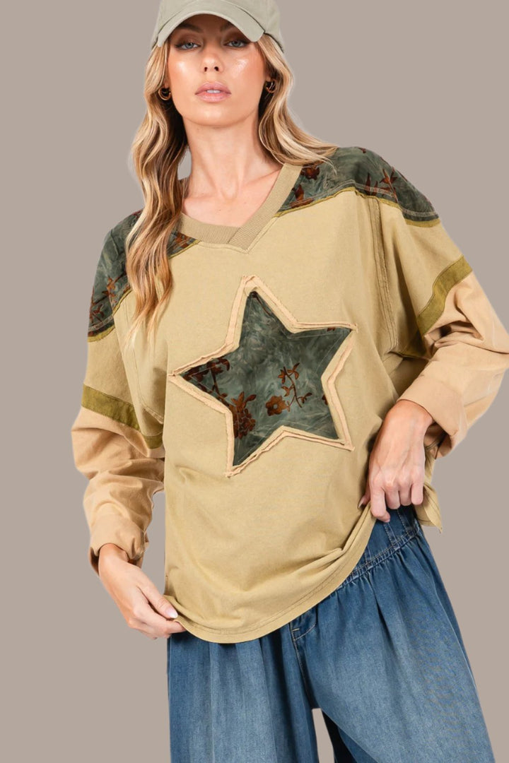 SAGE + FIG Star Patch Long Sleeve Color Block Top In Olive