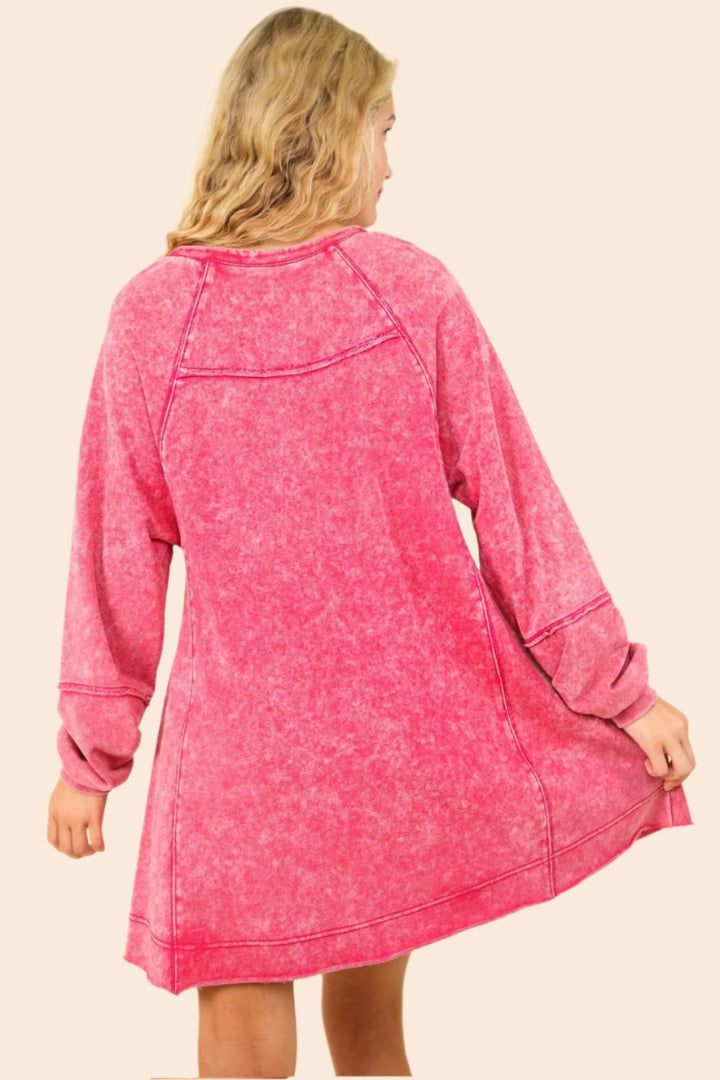 VERY J Mineral Washed Oversized A-Line Mini Dress In Magenta