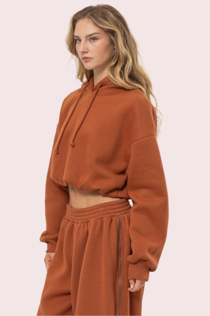 HYFVE Bubble Hem Cropped Hoodie In Chocolate