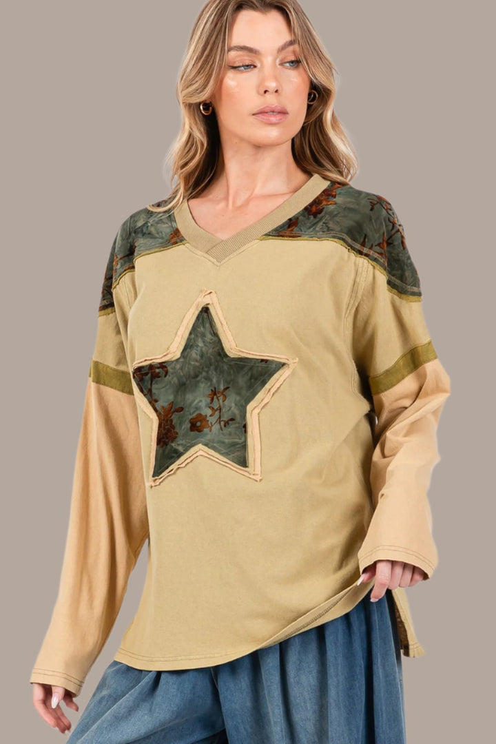 SAGE + FIG Star Patch Long Sleeve Color Block Top In Olive