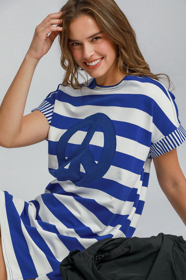 Umgee Peace Applique Striped Mini Dress In Royal Blue