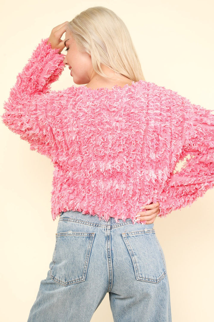 VERY J Shaggy Yarn Knit Zip Up Jacket In Pink