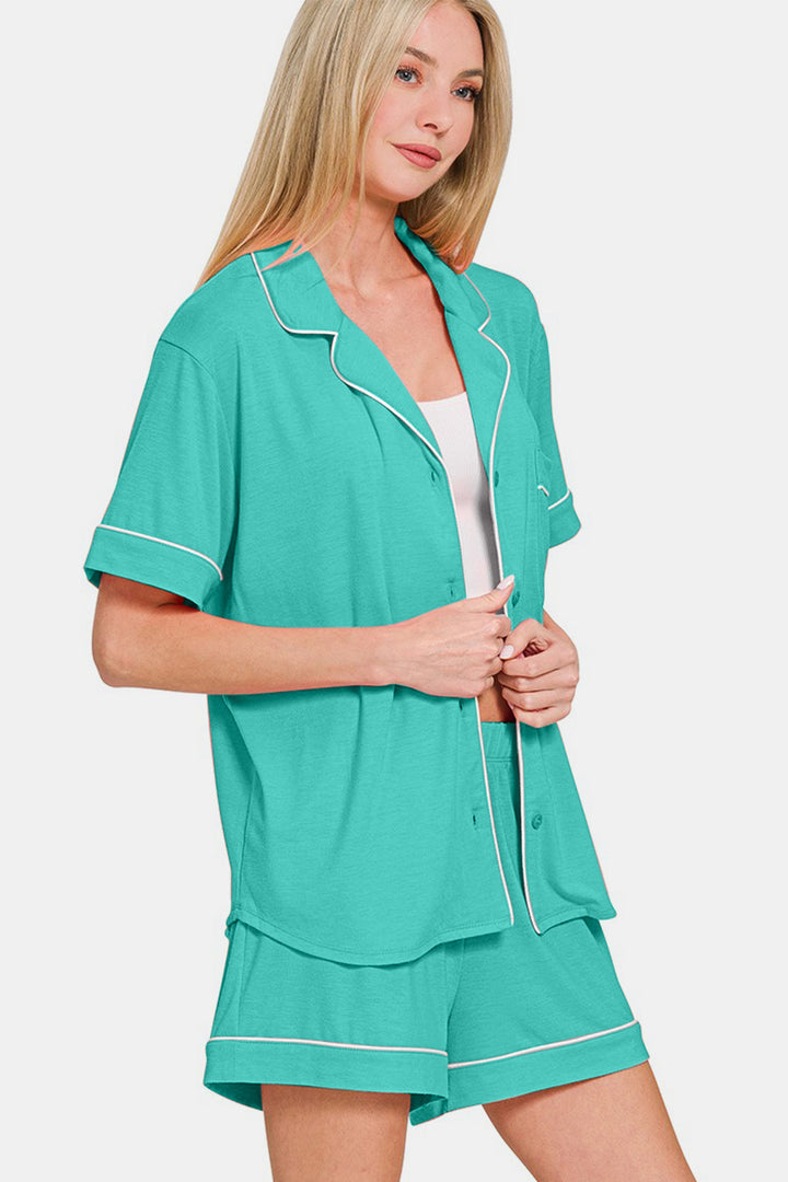 Zenana Button Down Top and Shorts Lounge Set In Turquoise