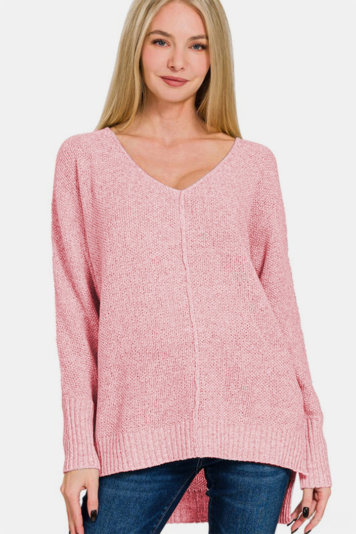 Zenana High-Low V-Neck Sweater In Dusty Pink