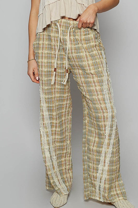 POL Lace Trim Drawstring Checkered Wide Leg Pants In Sage