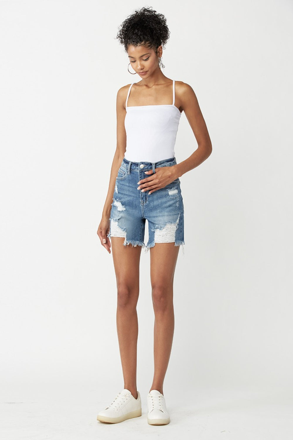 Carla High Waisted Distressed Denim Shorts