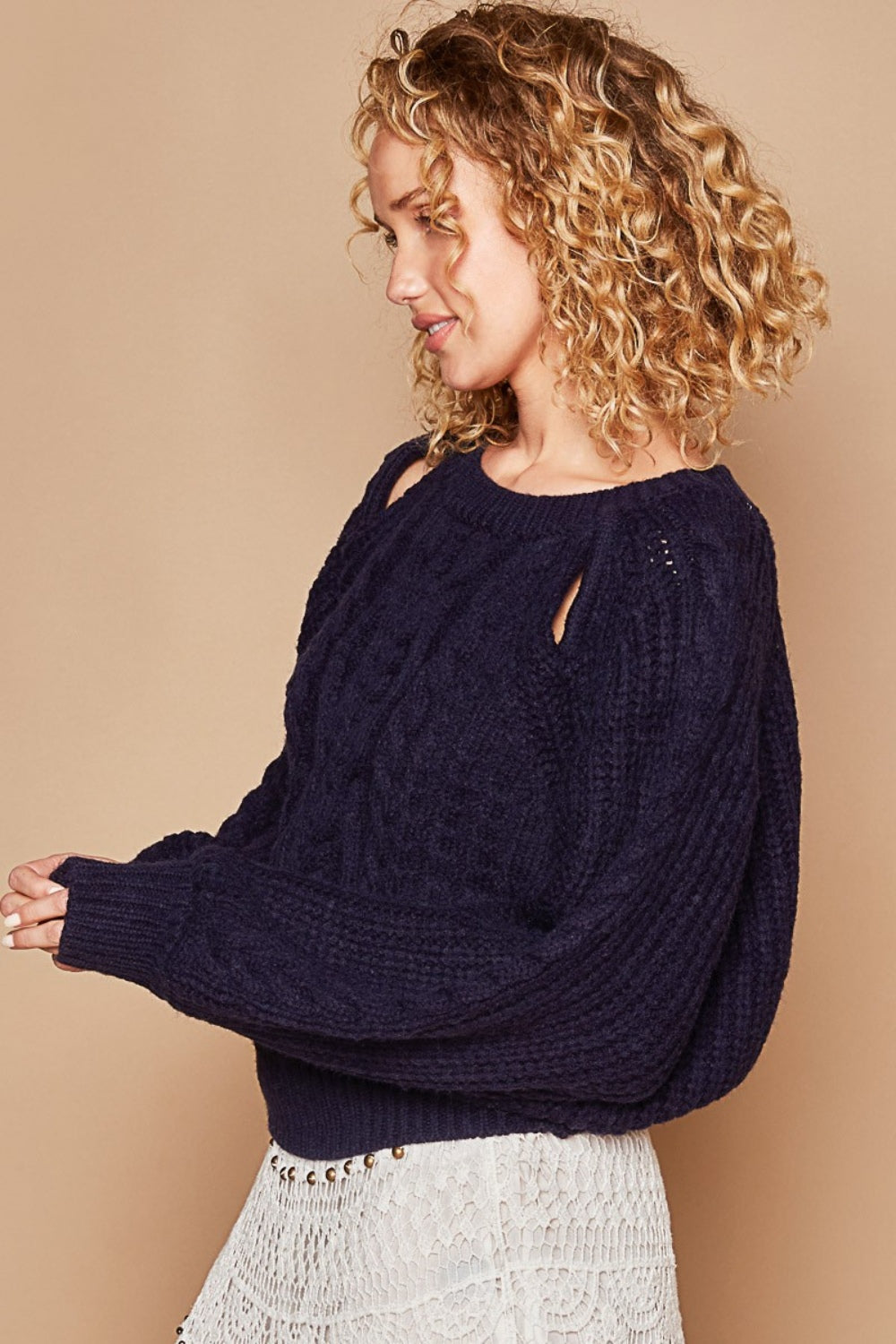 POL Cable Knit Cutout Long Sleeve Sweater In Navy