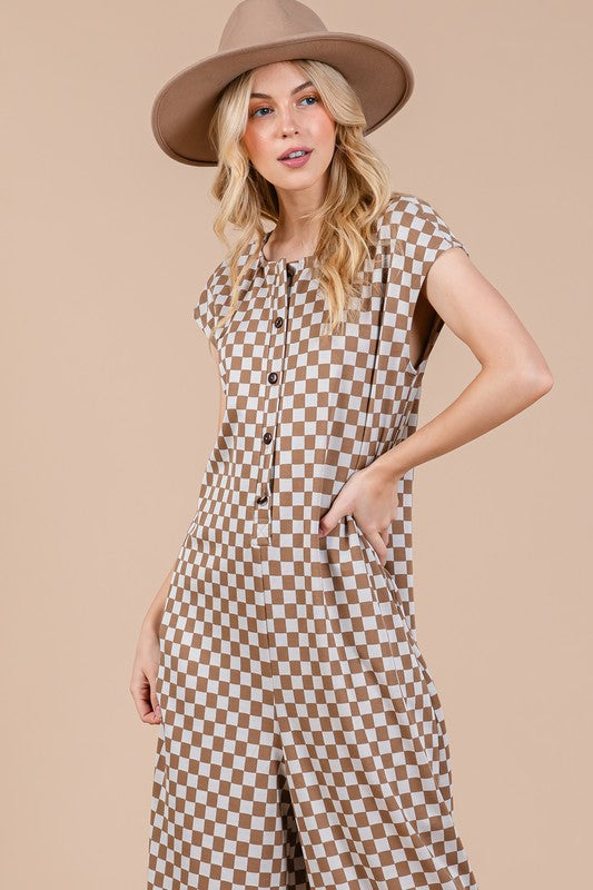 Ces Femme Checkered Half Button Jumpsuit In Taupe