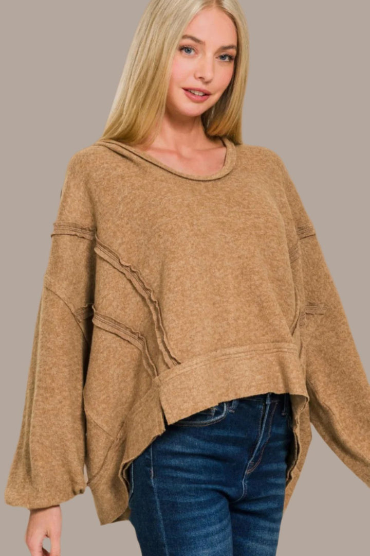 Zenana Brushed Hacci Exposed Seam Hoodie In Deep Camel