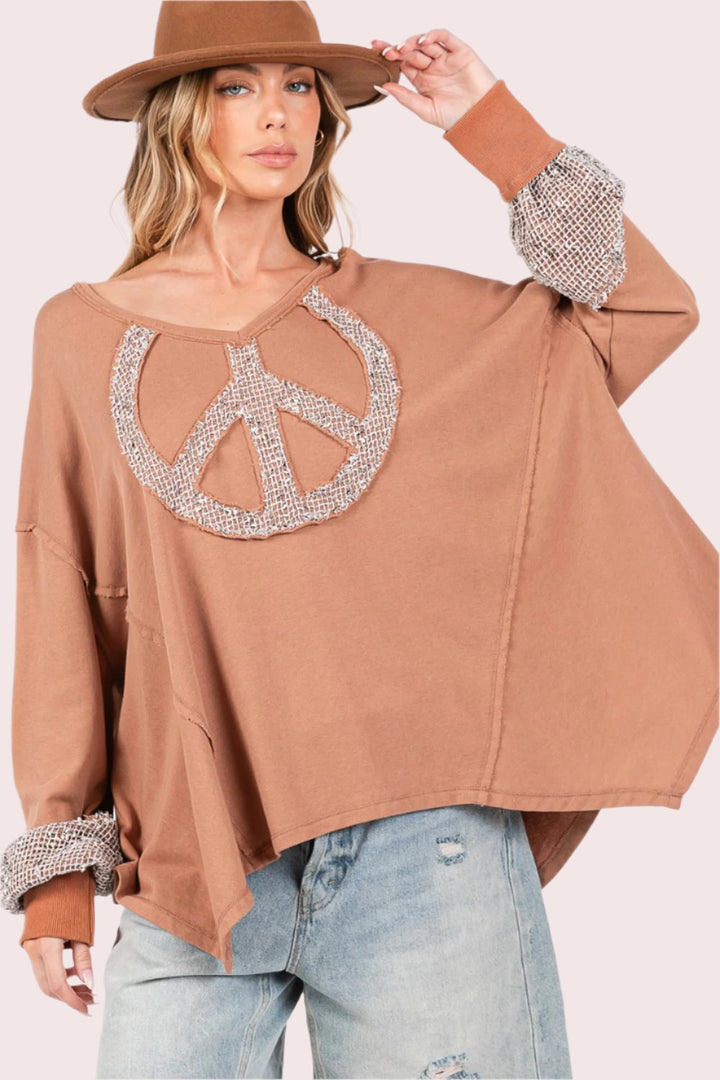 SAGE + FIG Peace Sign Mineral Wash Terry Top In Camel