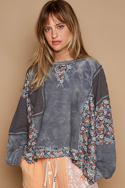 POL Floral Patchwork Knit Top In Gray