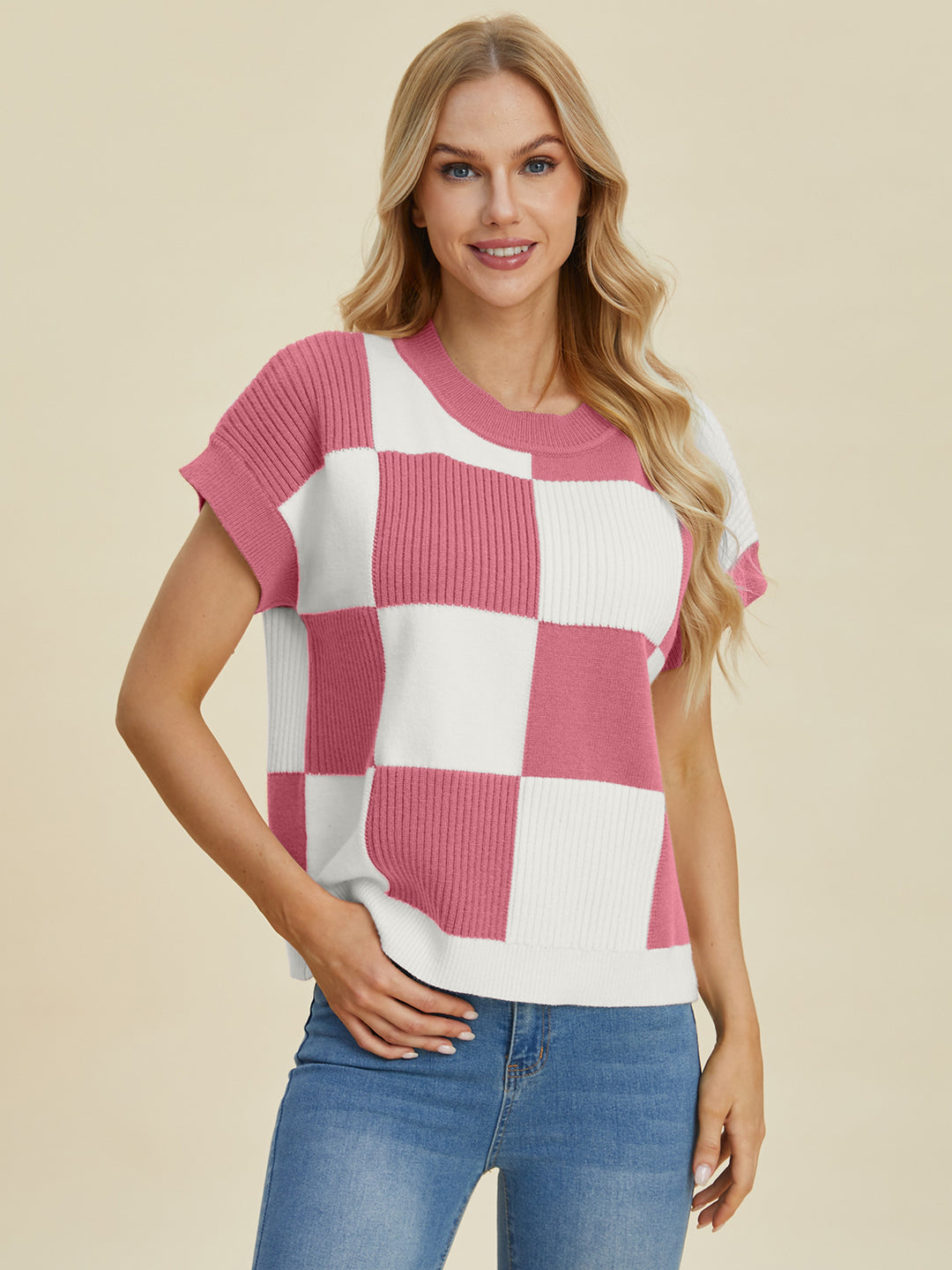 Double Take Checkered Short Sleeve Sweater