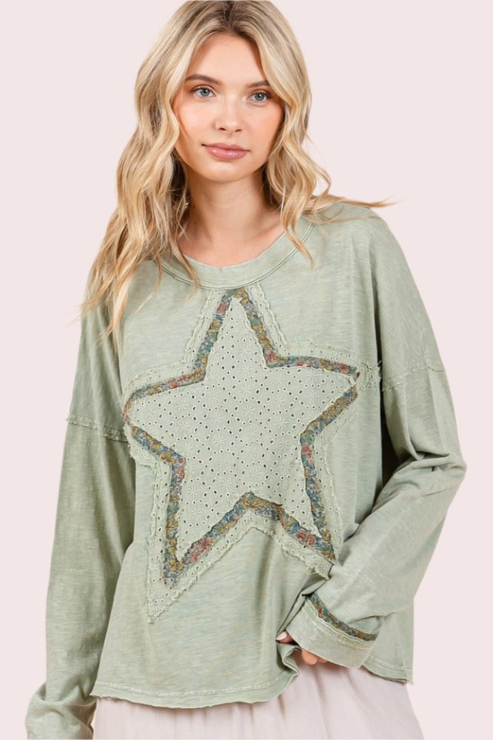 Mittoshop Mineral Wash Star Patch Long Sleeve T-Shirt In Sage