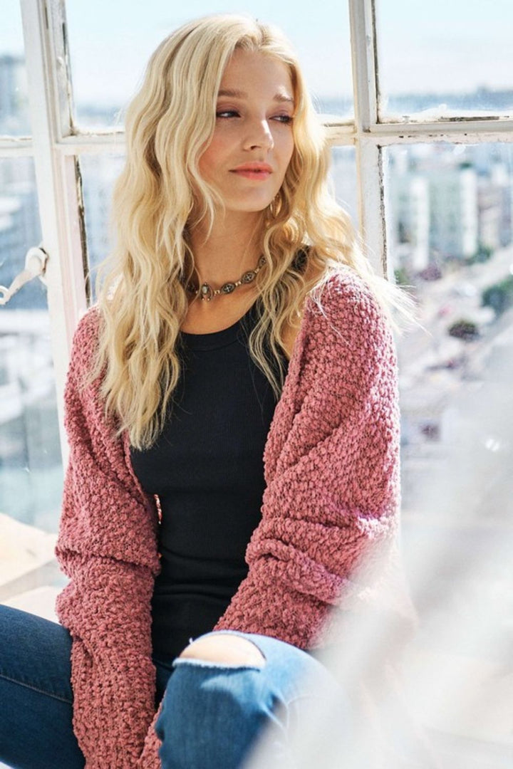 ADORA Popcorn Knit Cardigan In Mauve