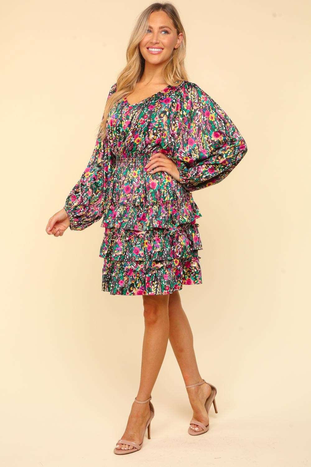 Haptics V-Neck Satin Floral Layered Dress In Multi