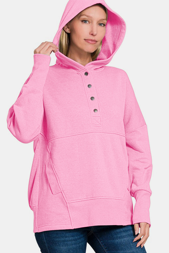 Zenana Half Snap Hoodie with Kangaroo Pocket In Pink