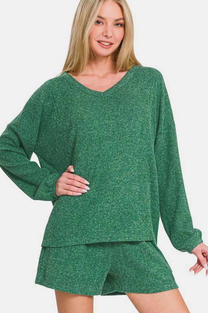 Zenana Ribbed Top and Shorts Set In Dark Green