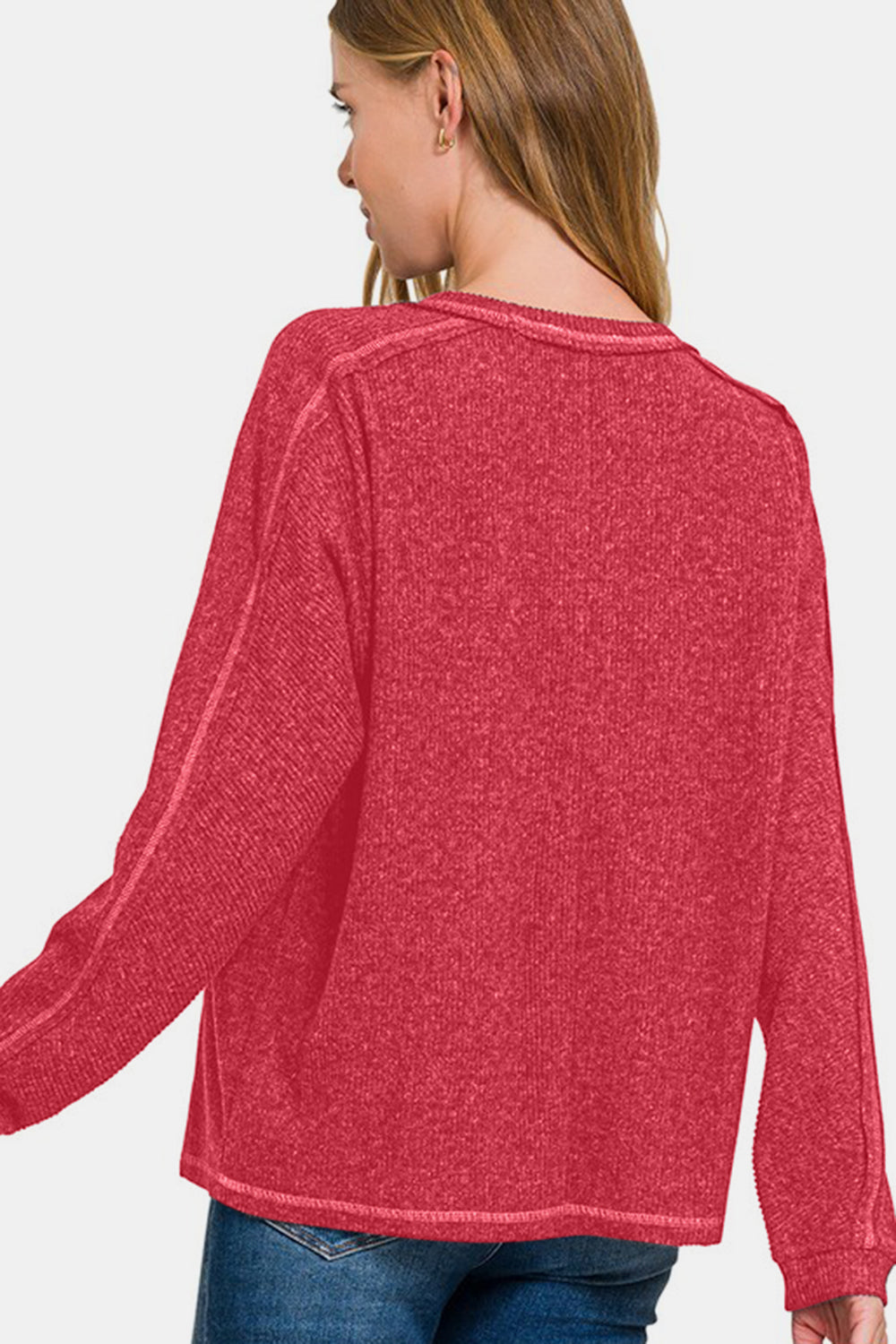 Zenana Brushed Ribbed Hacci Knit Top in Red