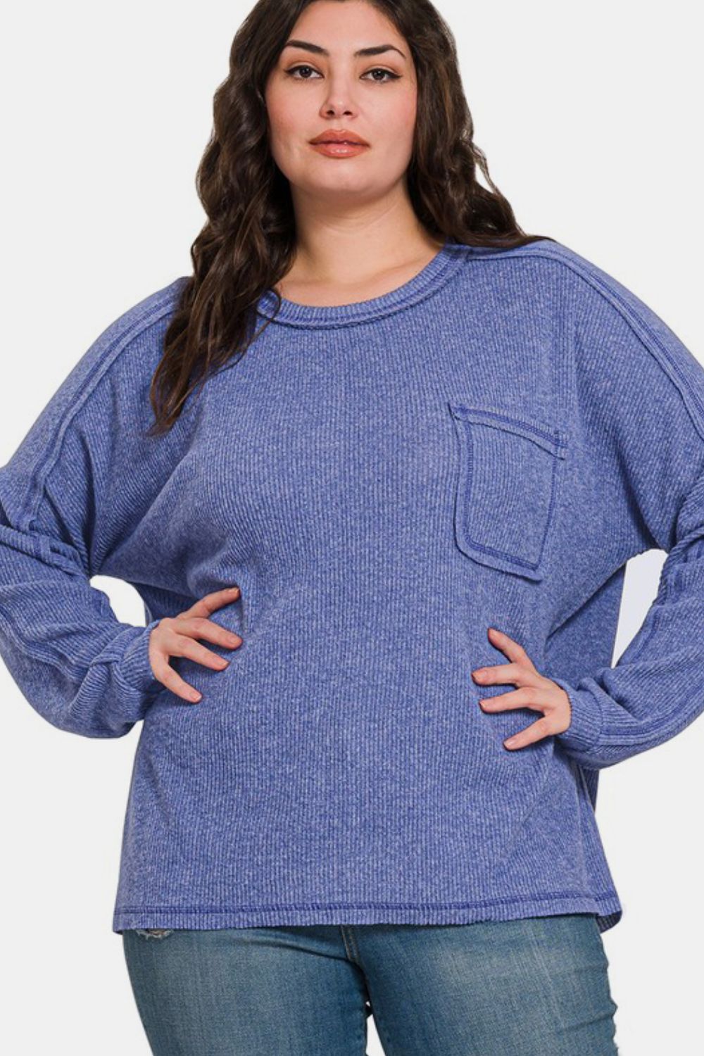 Zenana Brushed Ribbed Hacci Knit Top in Blue