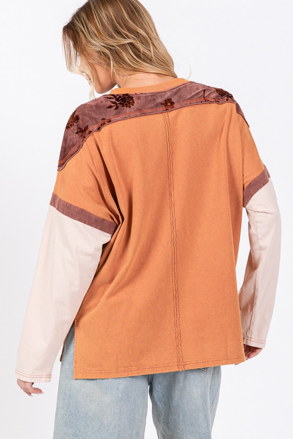 SAGE + FIG Star Patch Long Sleeve Color Block Top In Rust