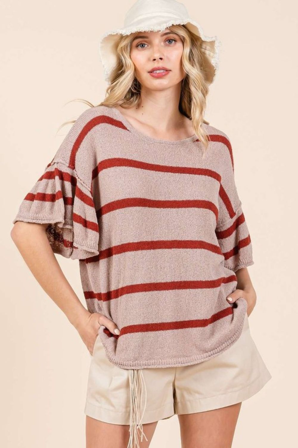 Mittoshop Striped Flounce Sleeve Knit Top In Mocha