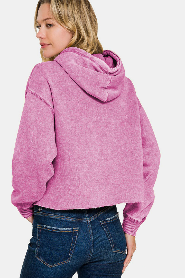 Zenana Acid Wash Fleece Cropped Hoodie In Mauve