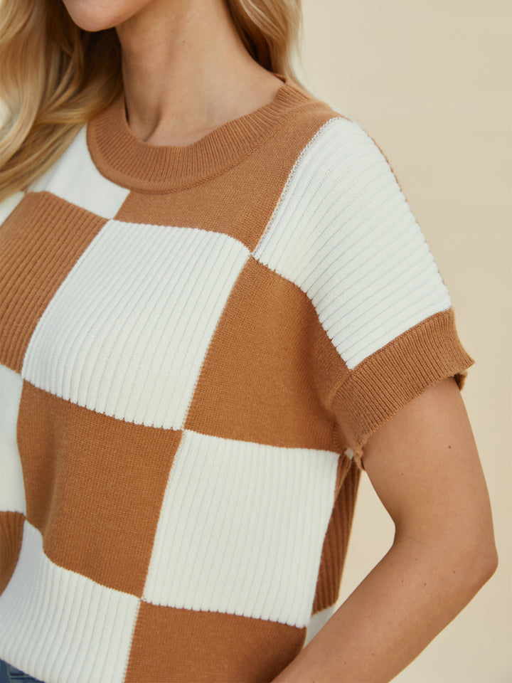 Double Take Checkered Short Sleeve Sweater