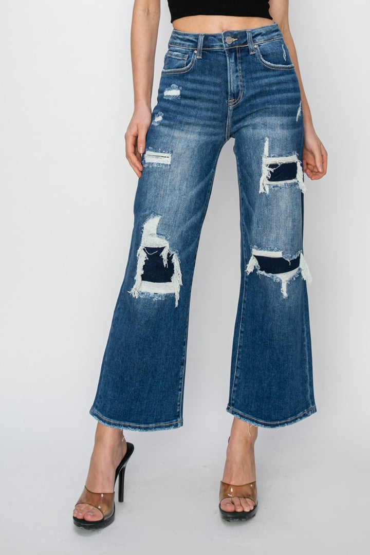 Risen Prime High Rise Patch Detailed Wide Leg Crop Jeans