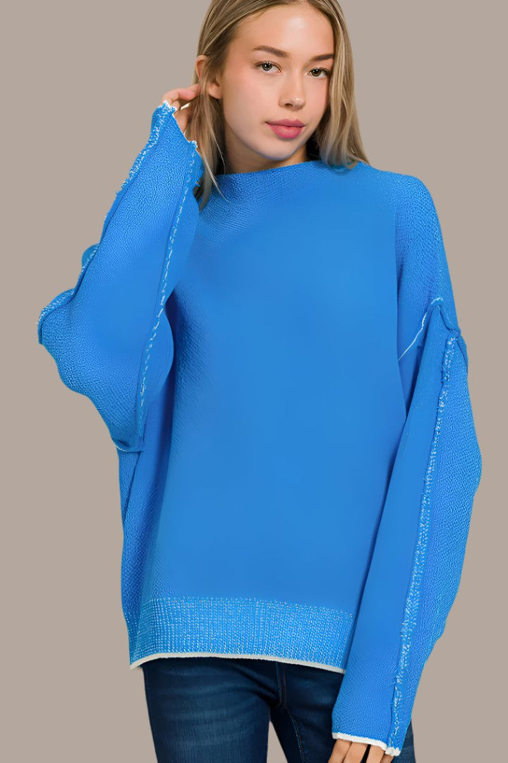 Zenana Exposed Seam Mock Neck Sweater In Ocean Blue