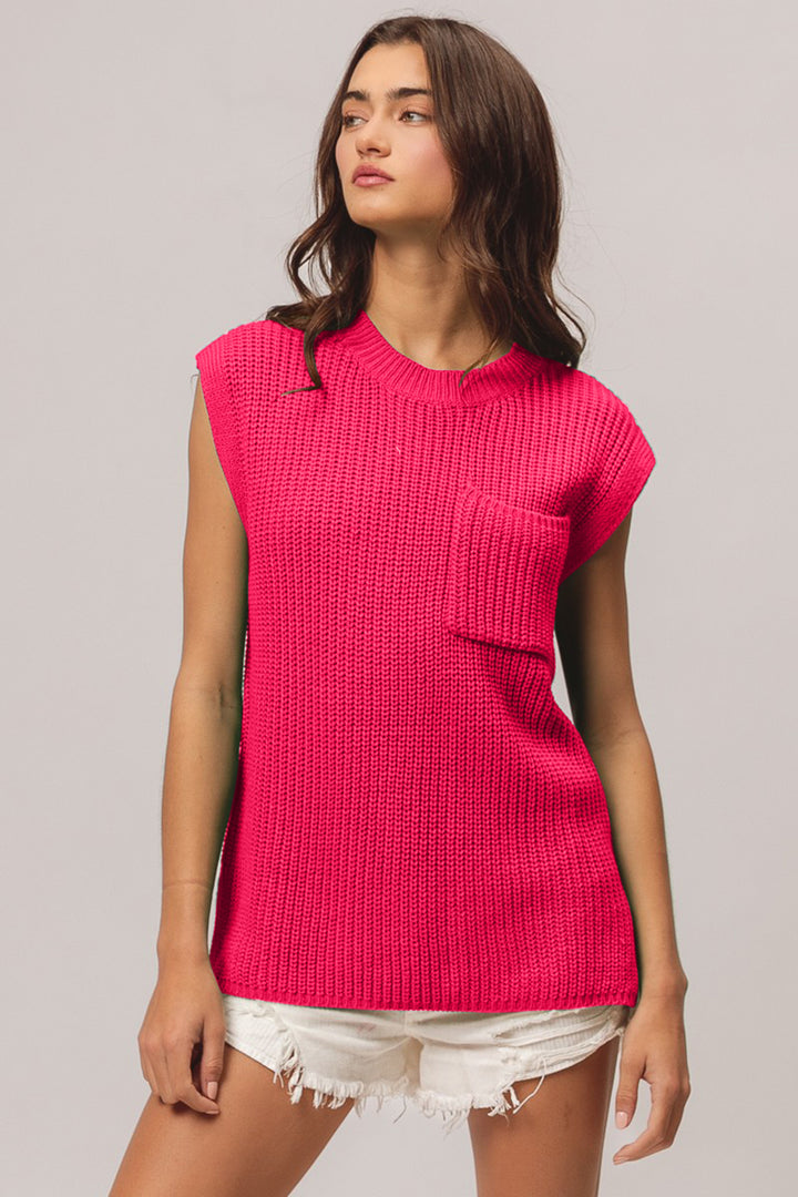 Patch Pocket Cap Sweater Top In Fuchsia