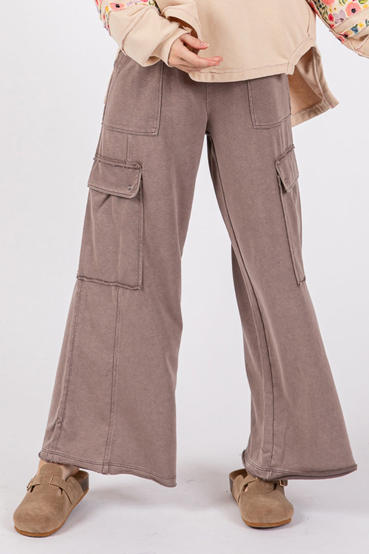 SAGE + FIG Knit Terry Mineral Wash Wide Leg Pants In Charcoal