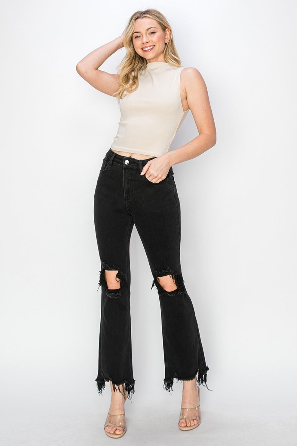 RISEN Trend Distressed Raw Hem Jeans with Pockets