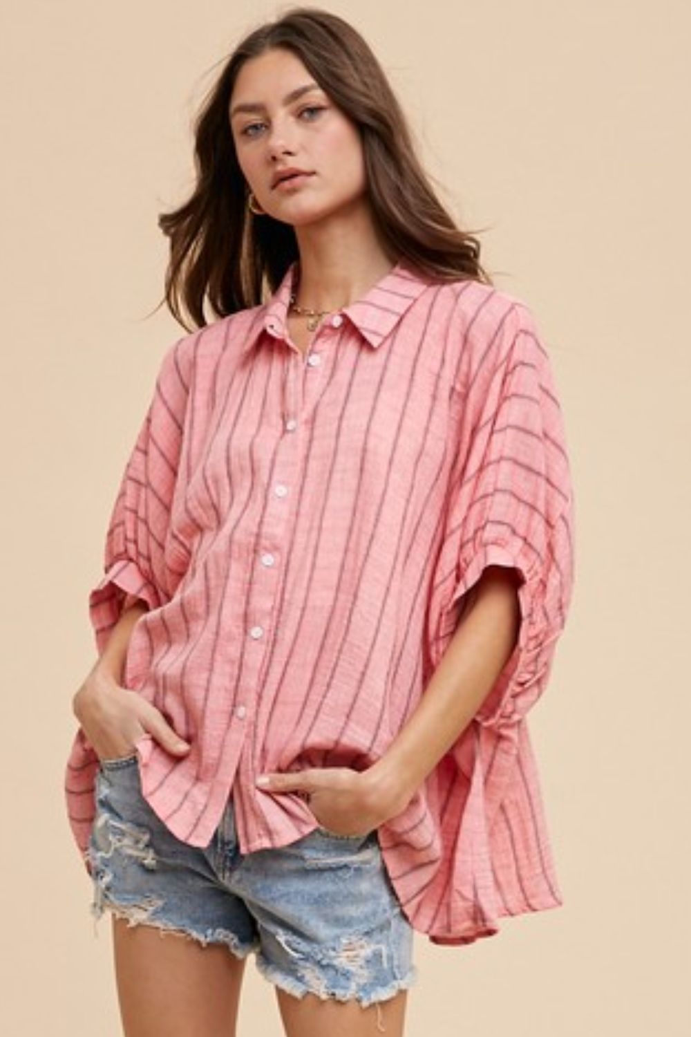 Annie Wear Striped Button Up Half Sleeve Shirt In Coral