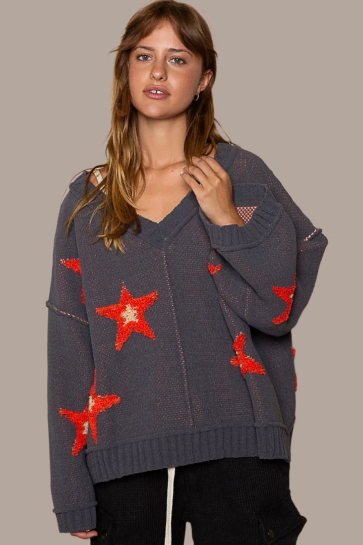 POL Long Sleeve Star Patch Sweater In Charcoal