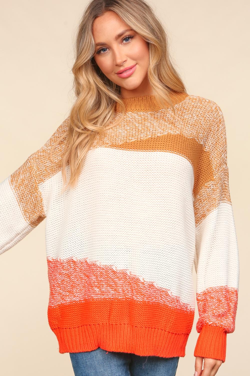 Haptics Color Block Long Sleeve  Sweater In Camel